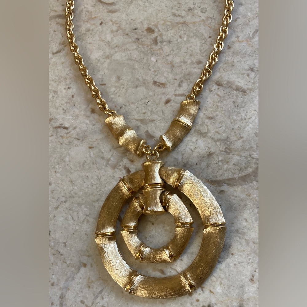 NAPIER 1970s Gold Tone Double Pendant Bamboo Motif by Francis Fujio - Picture 2 of 7